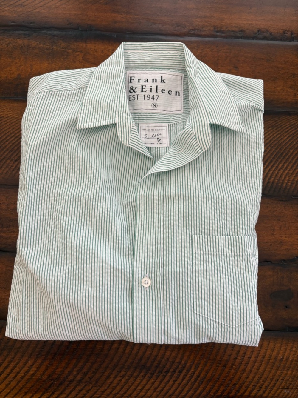 Frank & Eileen, Eileen Green Stripe Italian Seersucker; new, size S